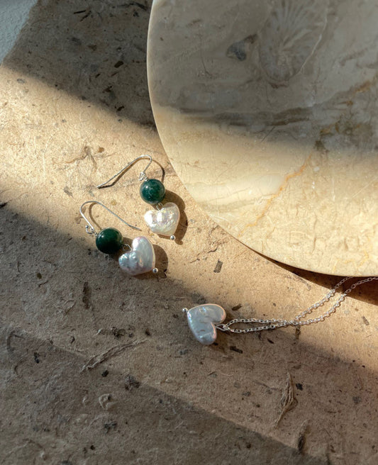 Green Agate Heart Pearl Earrings