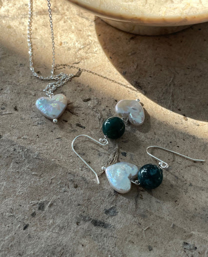 Green Agate Heart Pearl Earrings