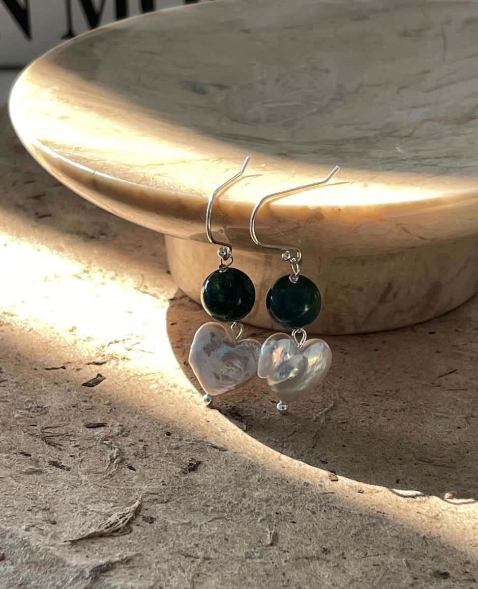 Green Agate Heart Pearl Earrings