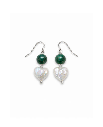 Green Agate Heart Pearl Earrings