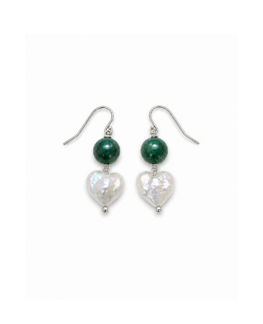 Green Agate Heart Pearl Earrings