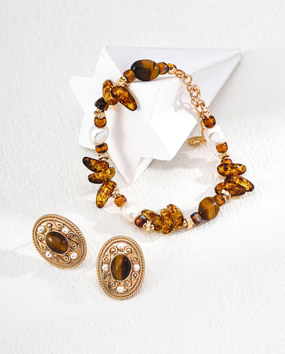 Tiger Eye & Natural Pearl Silver Bracelet