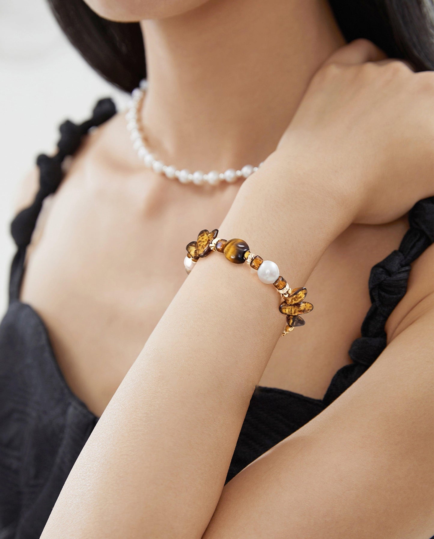 Tiger Eye & Natural Pearl Silver Bracelet