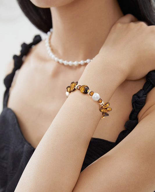 Tiger Eye & Natural Pearl Silver Bracelet